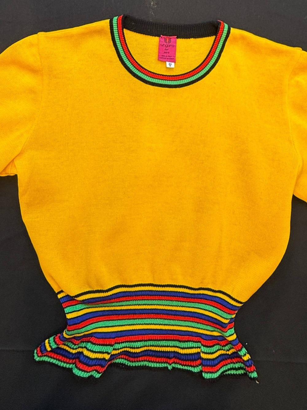 Vintage Ungaro Ter yellow knit top, colourful fringe, US size 6, made in Italy.